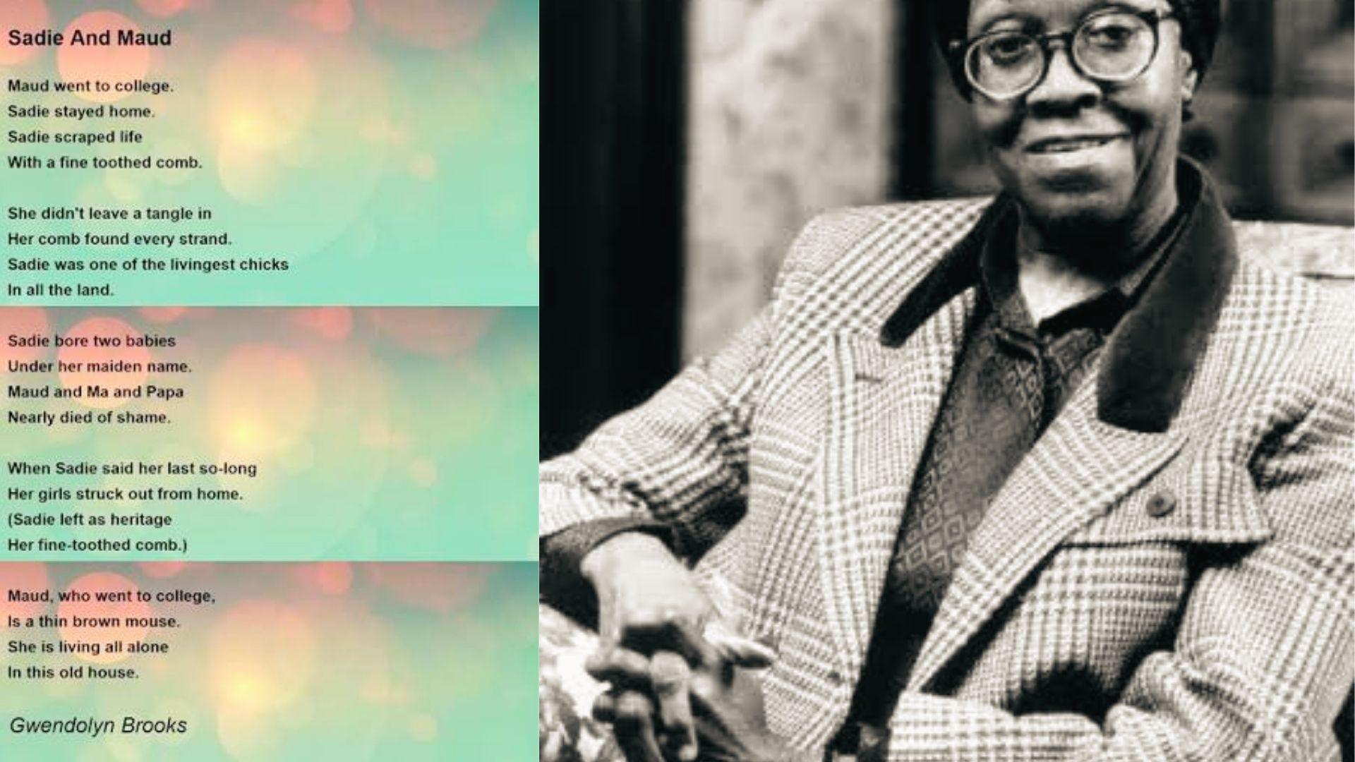 Gwendolyn Brooks smiling in plaid jacket beside 'Sadie And Maud' quatrain poem on bokeh background.
