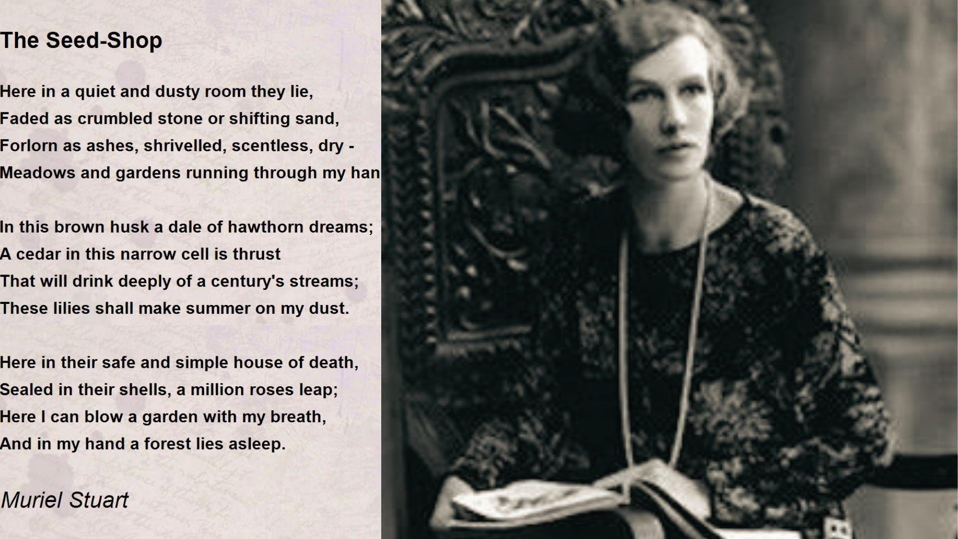 Muriel Stuart vintage portrait beside her poem 'The Seed-Shop' with quatrain stanzas about seeds.