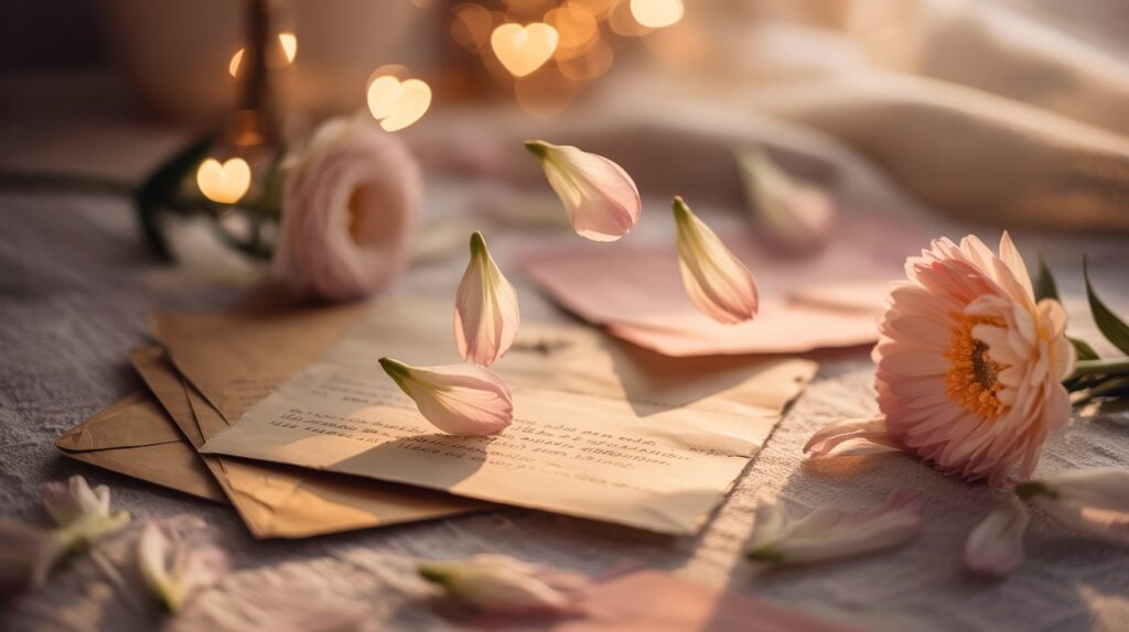 Romantic soft aesthetic featuring flowers, letters, warm light, expressing feelings for someone special atmosphere love