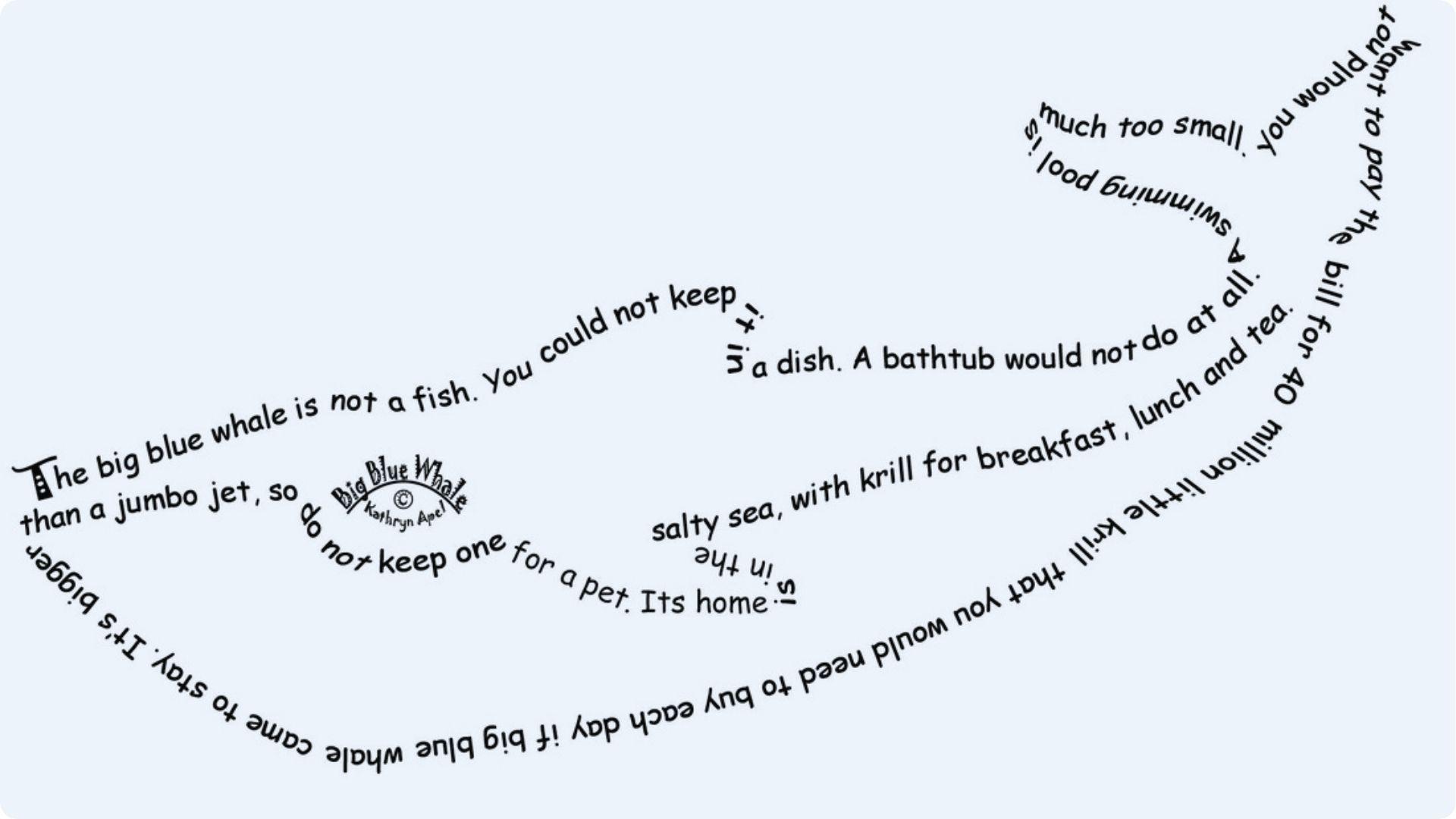 Kathryn Apel's blue whale poem curves into a whale outline with white background text.