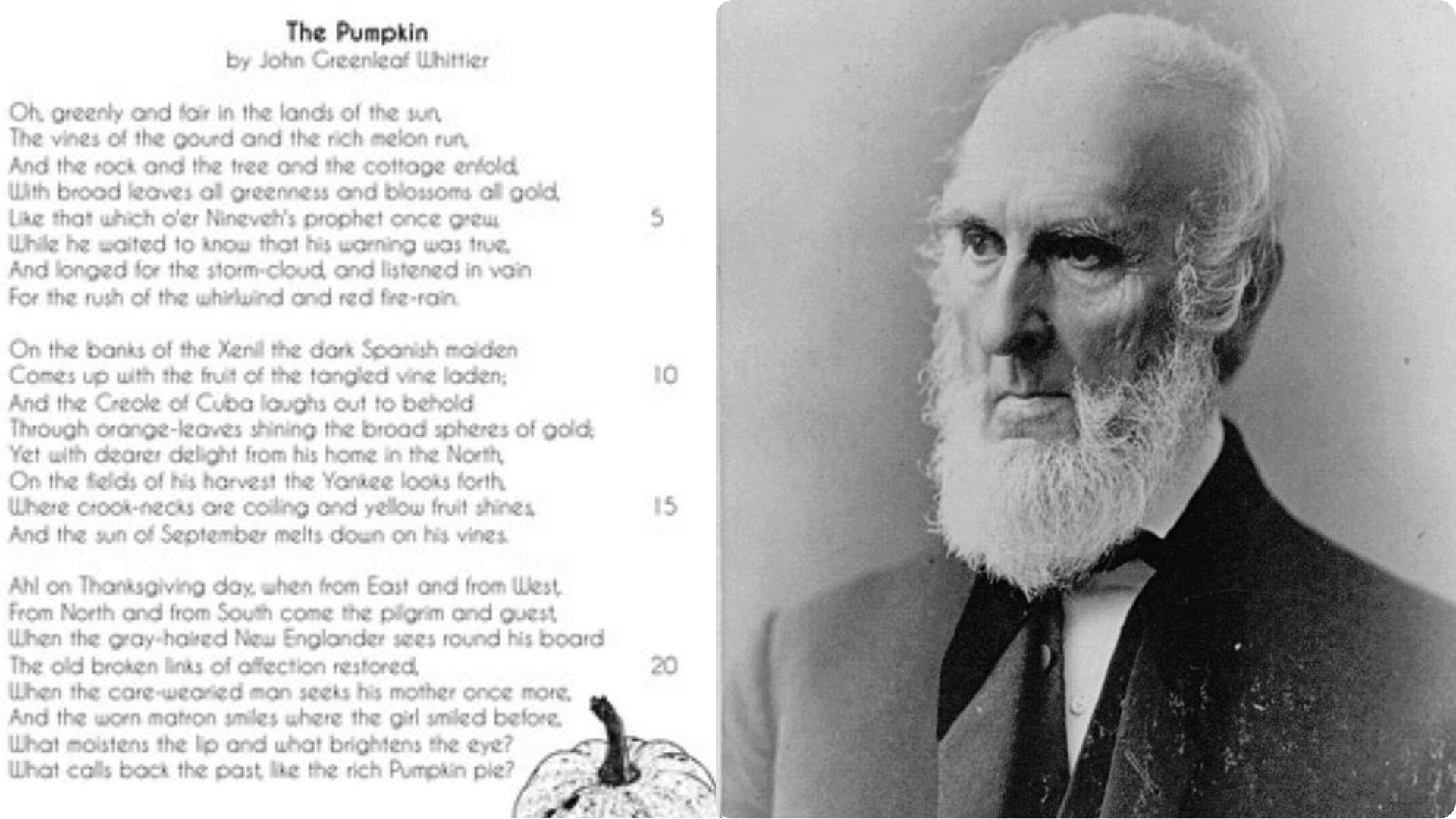 Split view of The Pumpkin poem text and author John Greenleaf Whittier photograph.