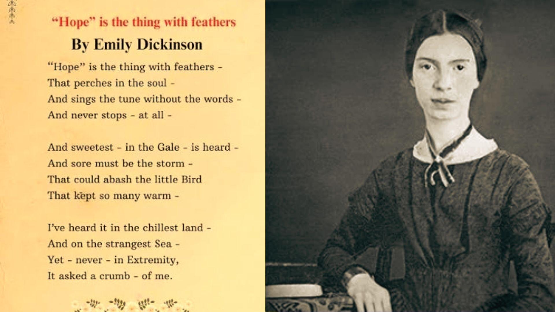 Featured image showcasing the Poet and the Poem “Hope Is the Thing With Feathers“ by Emily Dickinson.