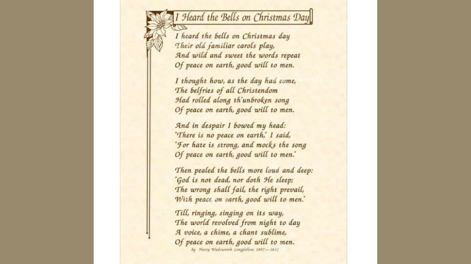 Decorative print of Longfellow’s I Heard the Bells on Christmas Day poem with floral border.