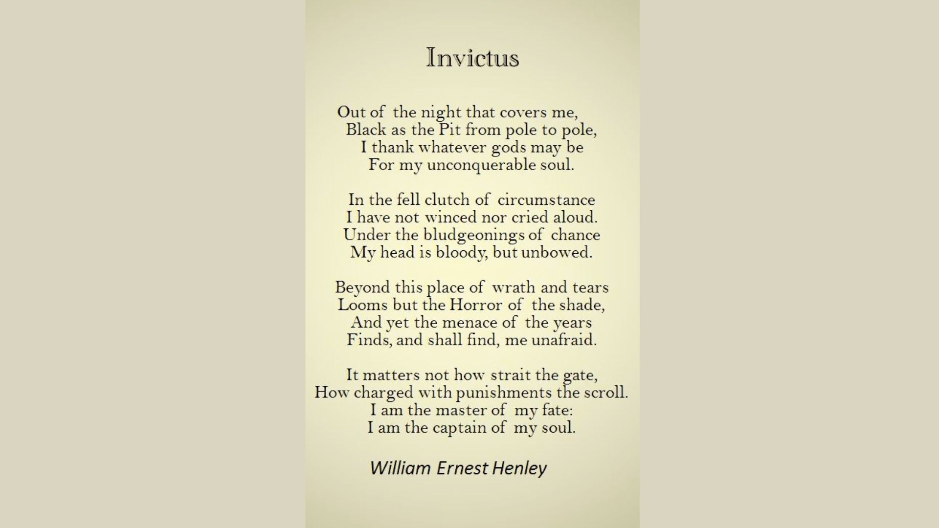 Opening stanza of the poem “Invictus” in black serif font on a warm beige background.