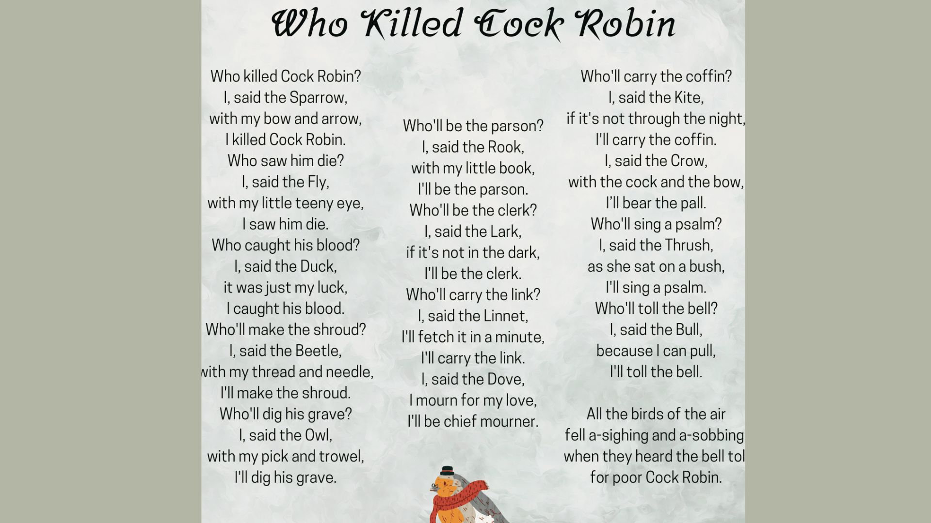 This is the poem “Who Killed Cock Robin”.
