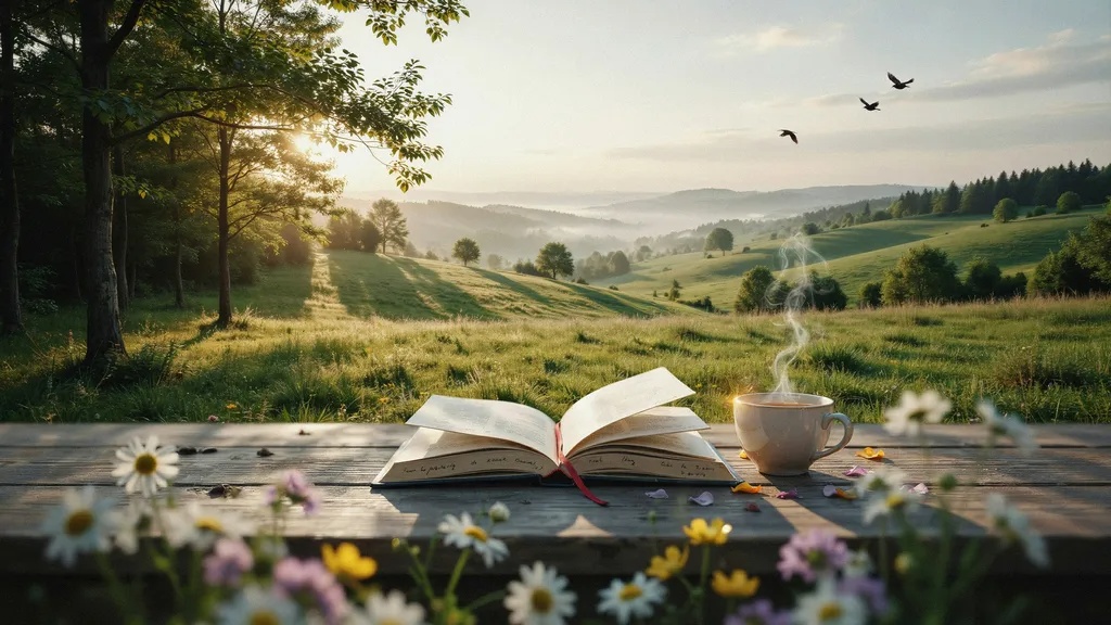 Open poetry book beside a cup of tea at sunrise surrounded by peaceful nature.