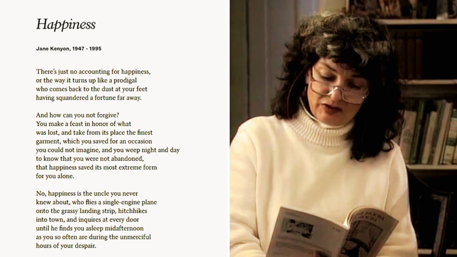 Jane Kenyon's "Happiness" poem in serif font next to a photo of her reading from a book in a white turtleneck.