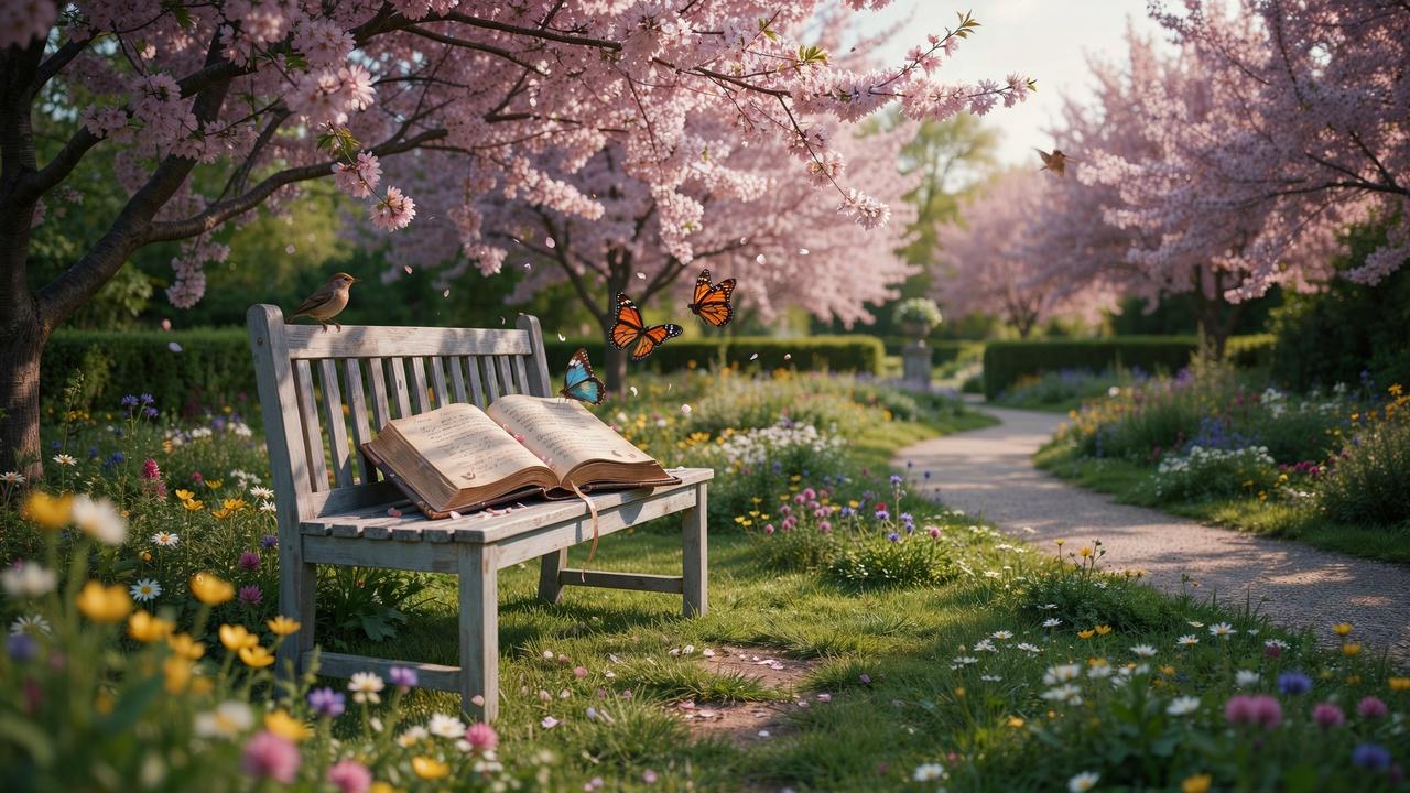 Open poetry book surrounded by blooming spring flowers, birds, and a peaceful garden landscape symbolizing a collection of spring poems.