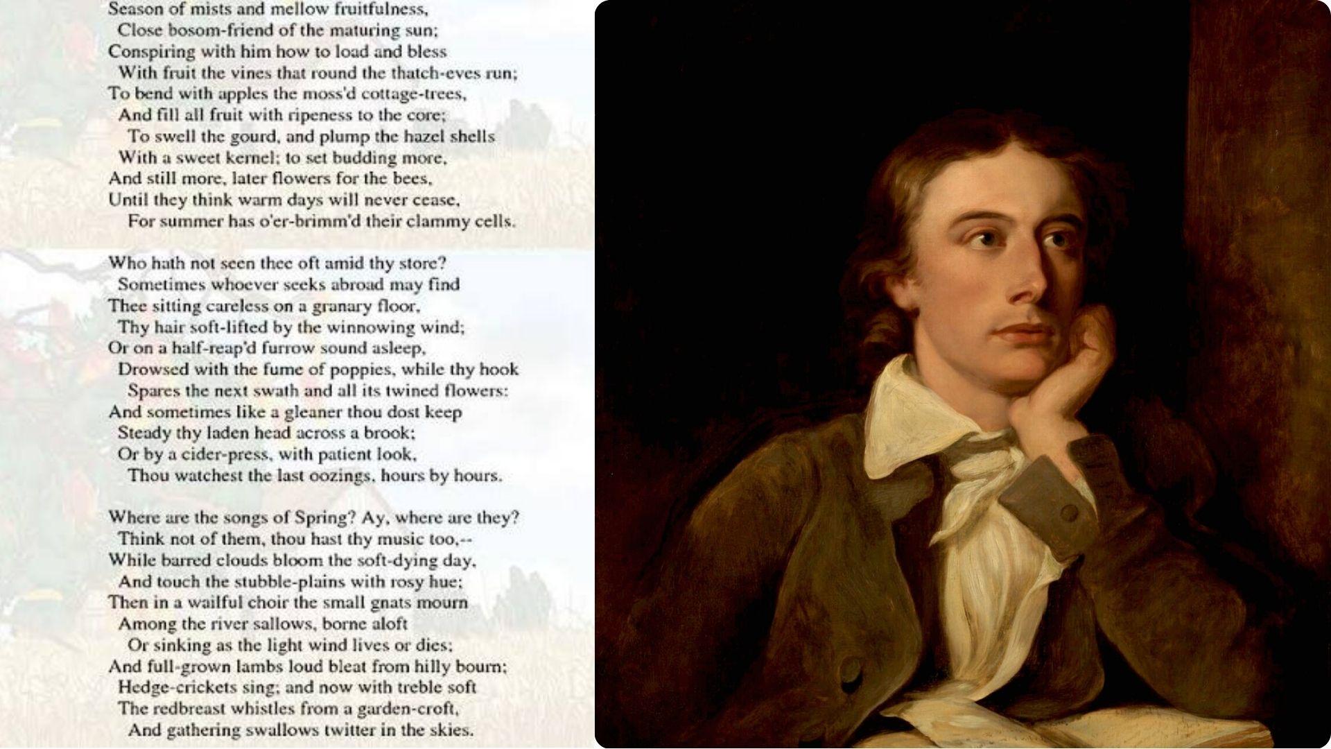 Split view of To Autumn poem text and author John Keats photograph.