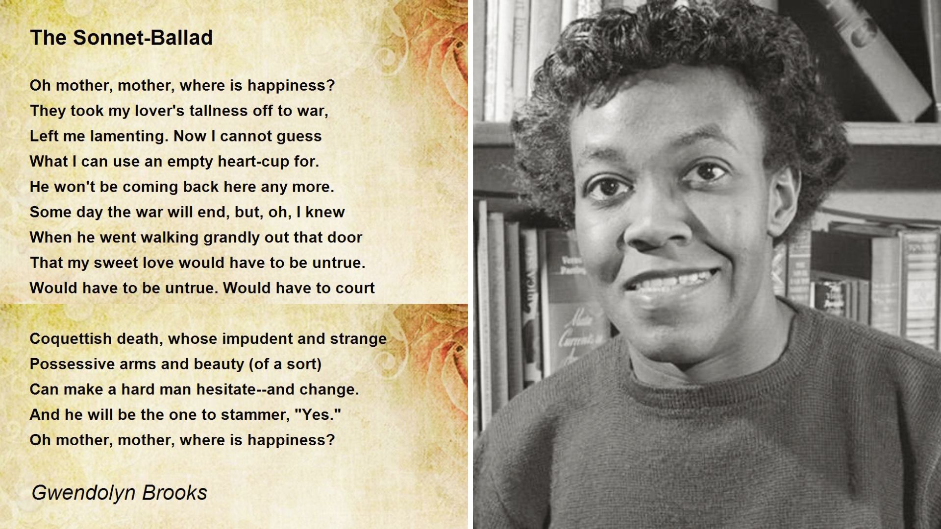 Gwendolyn Brooks' "The Sonnet-Ballad" in black text on parchment, next to her black-and-white portrait.