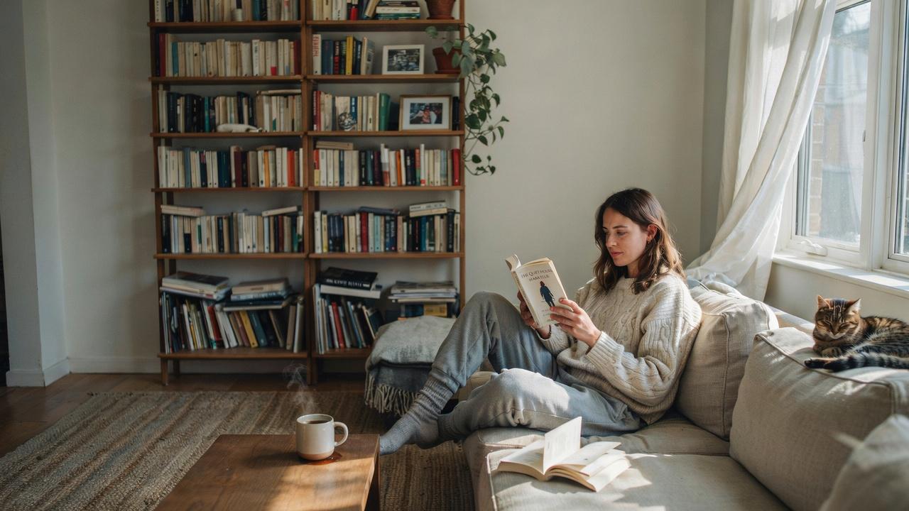 Reader enjoying a realistic fiction novel in a comfortable home setting.