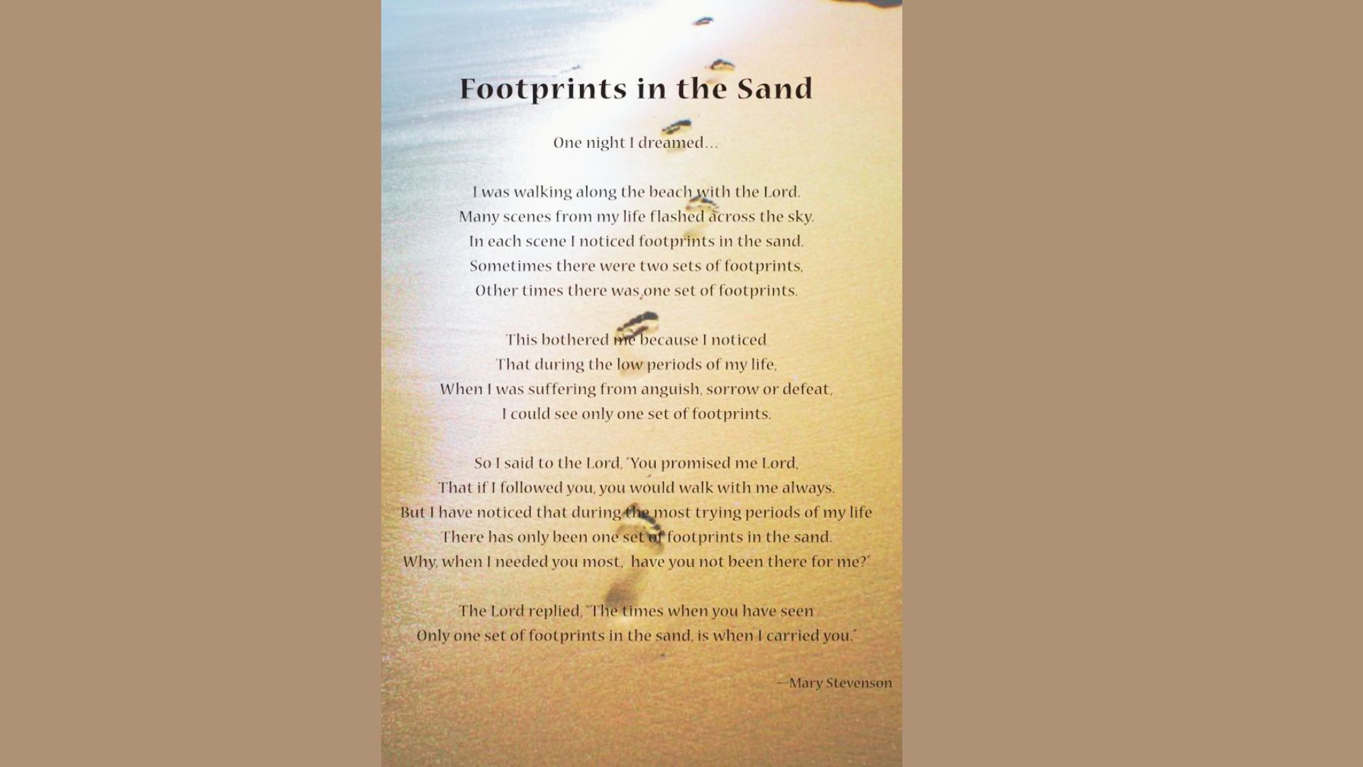 Golden sand beach with a single set of footprints leading to ocean waves, overlaid with the poem “Footprints in the Sand”.