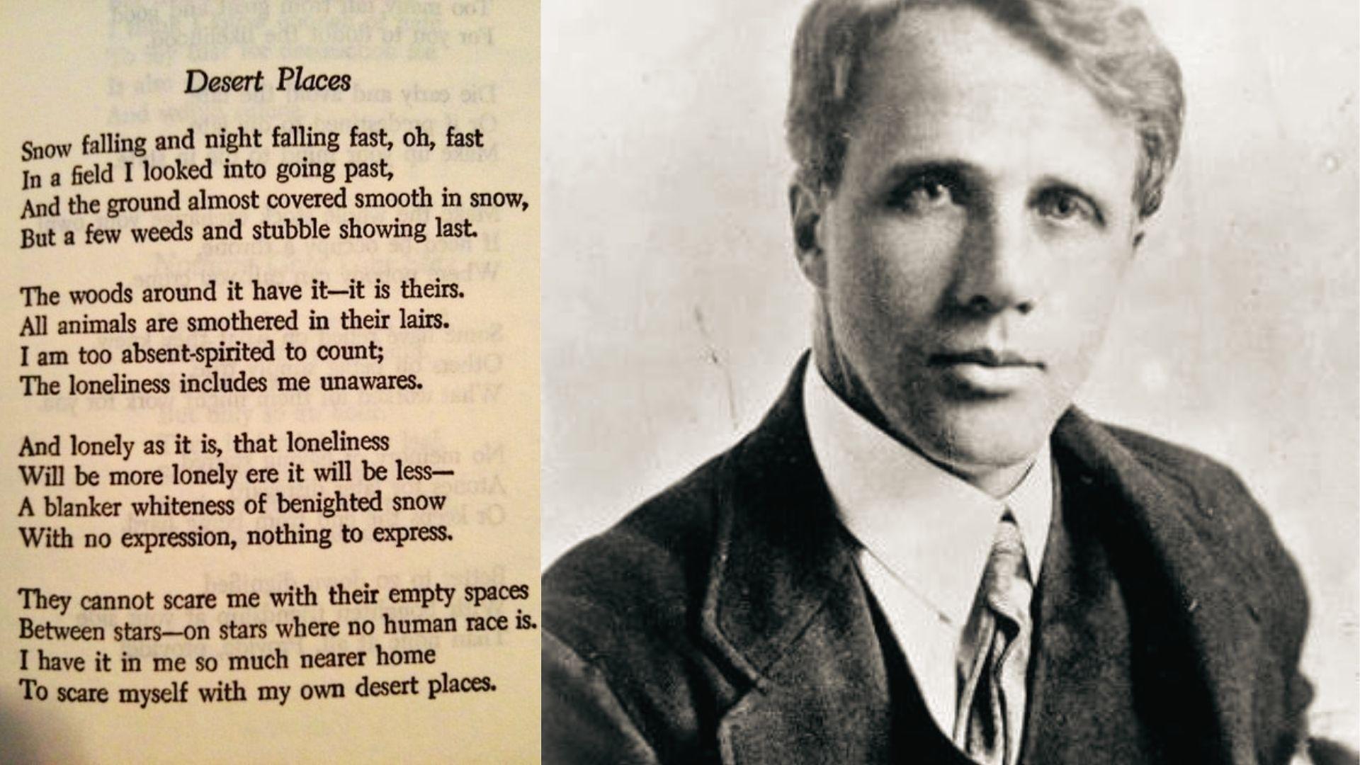 Robert Frost portrait beside book page showing 'Desert Places' poem written in quatrain stanzas.