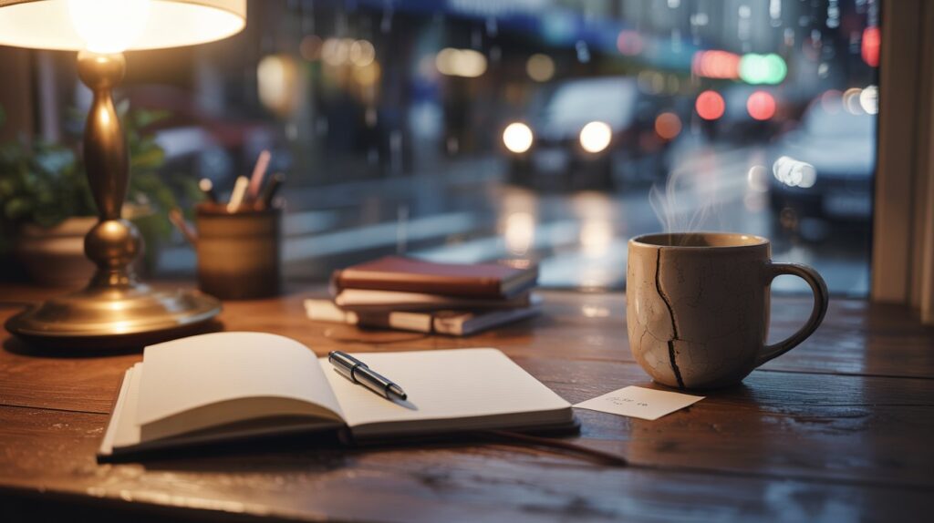 "Cinematic realistic writer’s desk with blank notebook, cracked coffee mug, warm lamp light, and blurred night bus lights outside window inspiring poetry ideas"