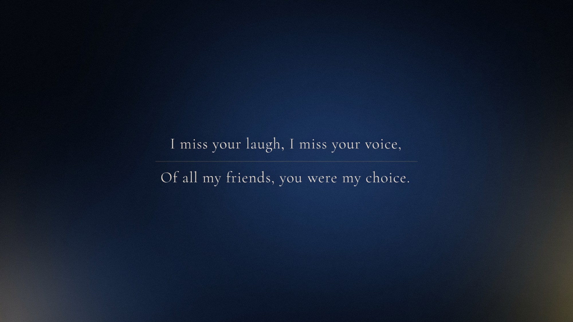 Dark navy typography poster of a friendship poem about missing a best friend’s laugh and voice.