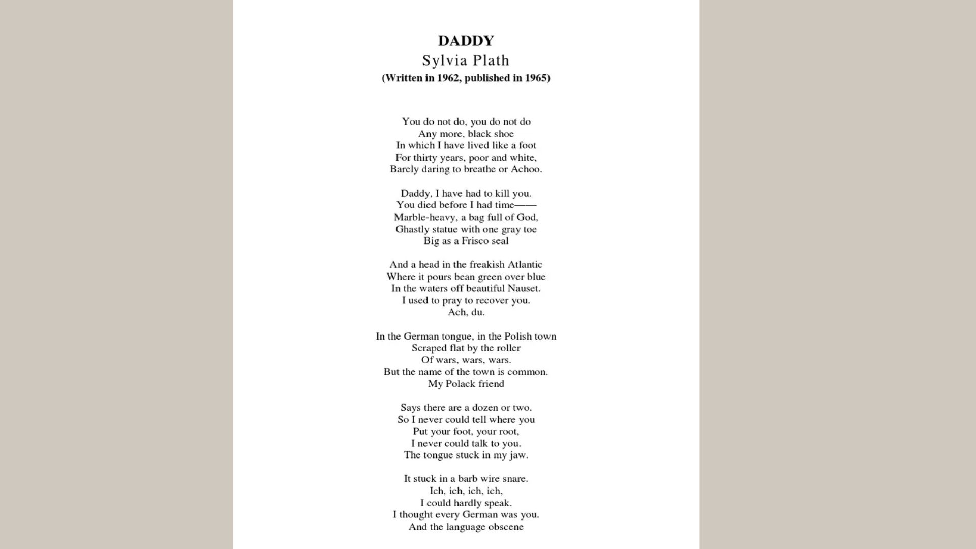 Daddy: Sylvia Plath is one of the best dark poems