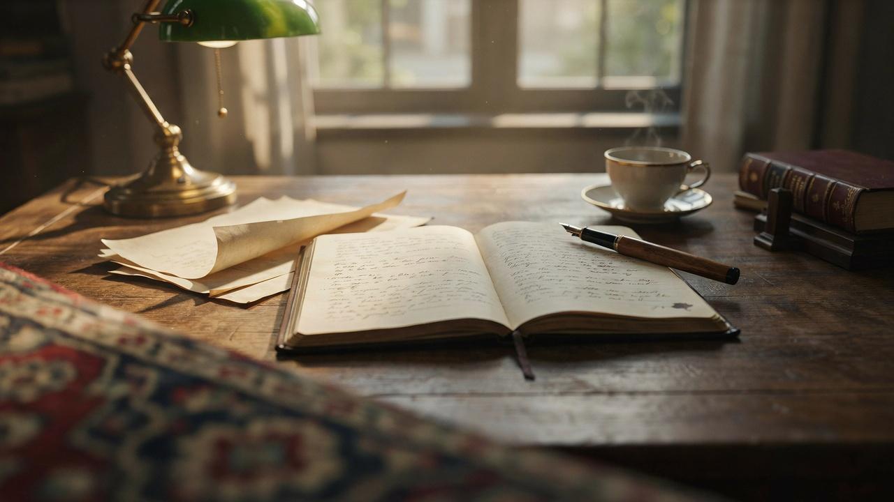 Open notebook with handwritten sonnet verses, fountain pen, and classic poetry books on a wooden desk.