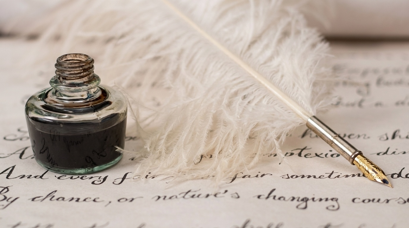 image showing ink pot and pen for writing sonnet poem.