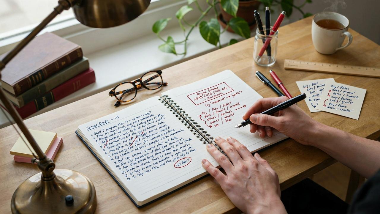 Writer creating a sonnet draft using a structured writing process.