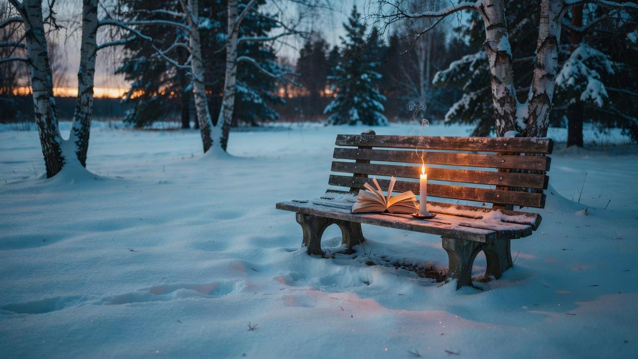 Candle and poetry book during the longest winter night