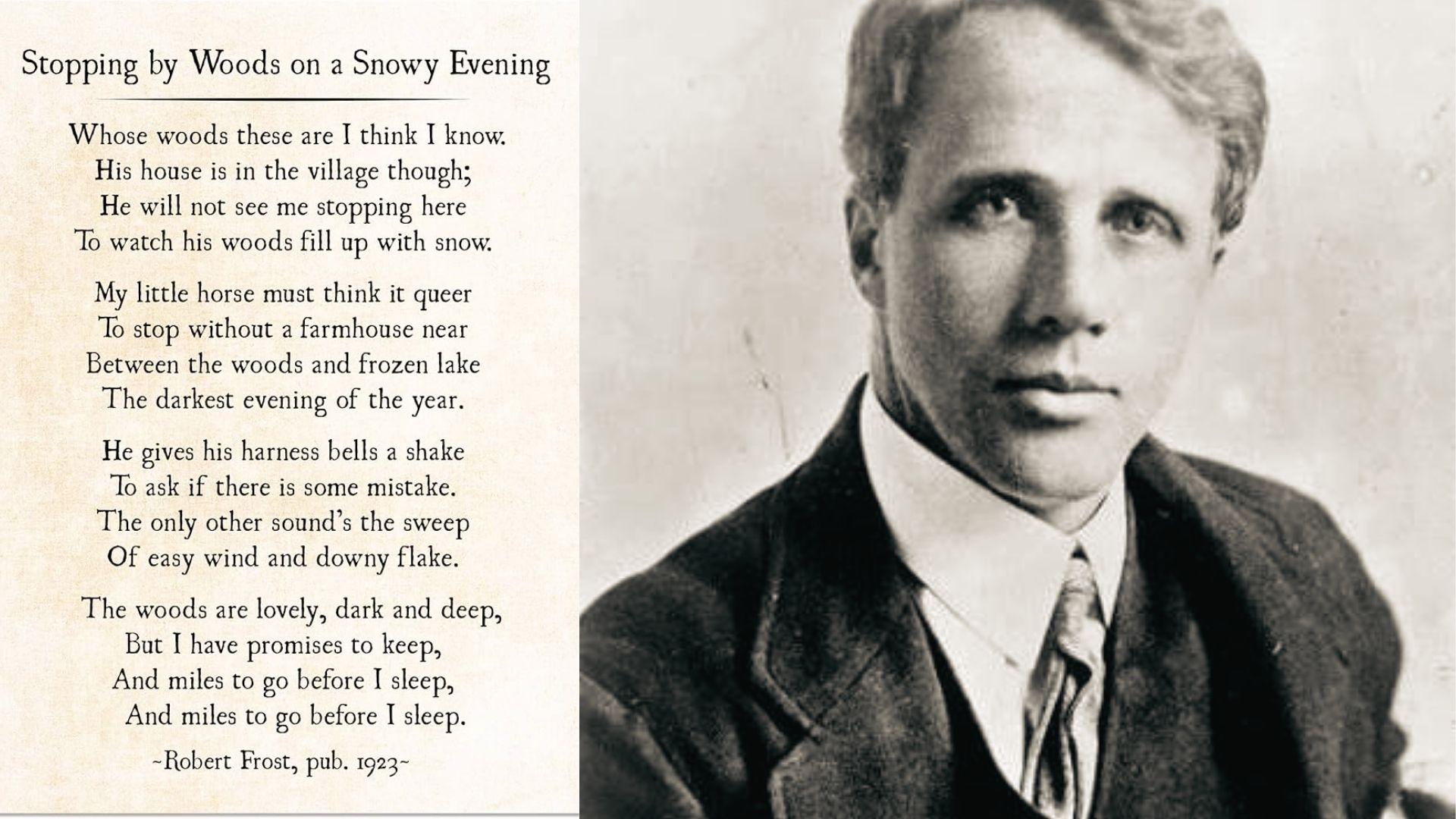 Robert Frost portrait beside 'Stopping by Woods on a Snowy Evening' poem with four quatrain stanzas.