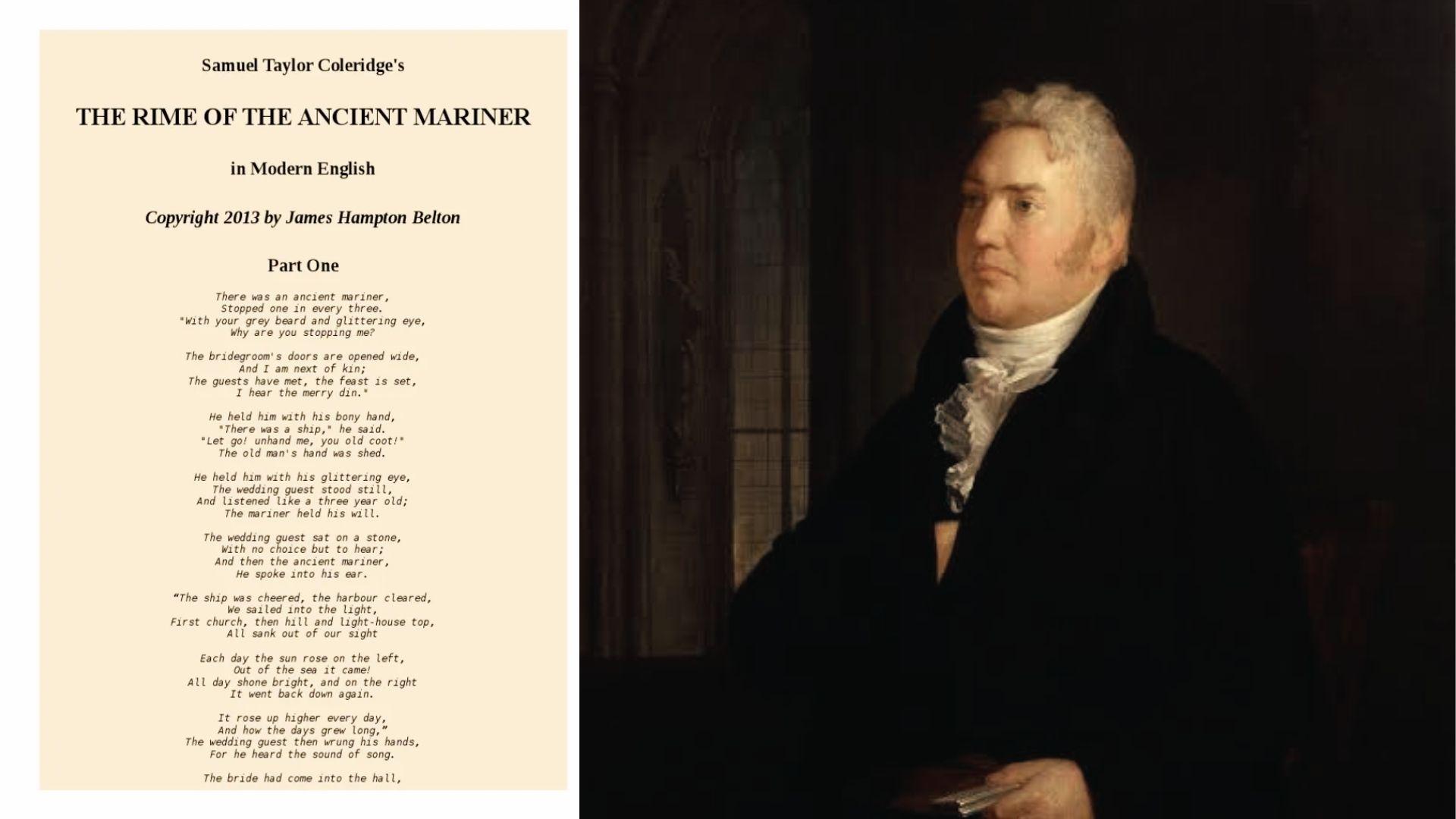 Samuel Taylor Coleridge painted a portrait beside 'The Rime of the Ancient Mariner' quatrain poem page.