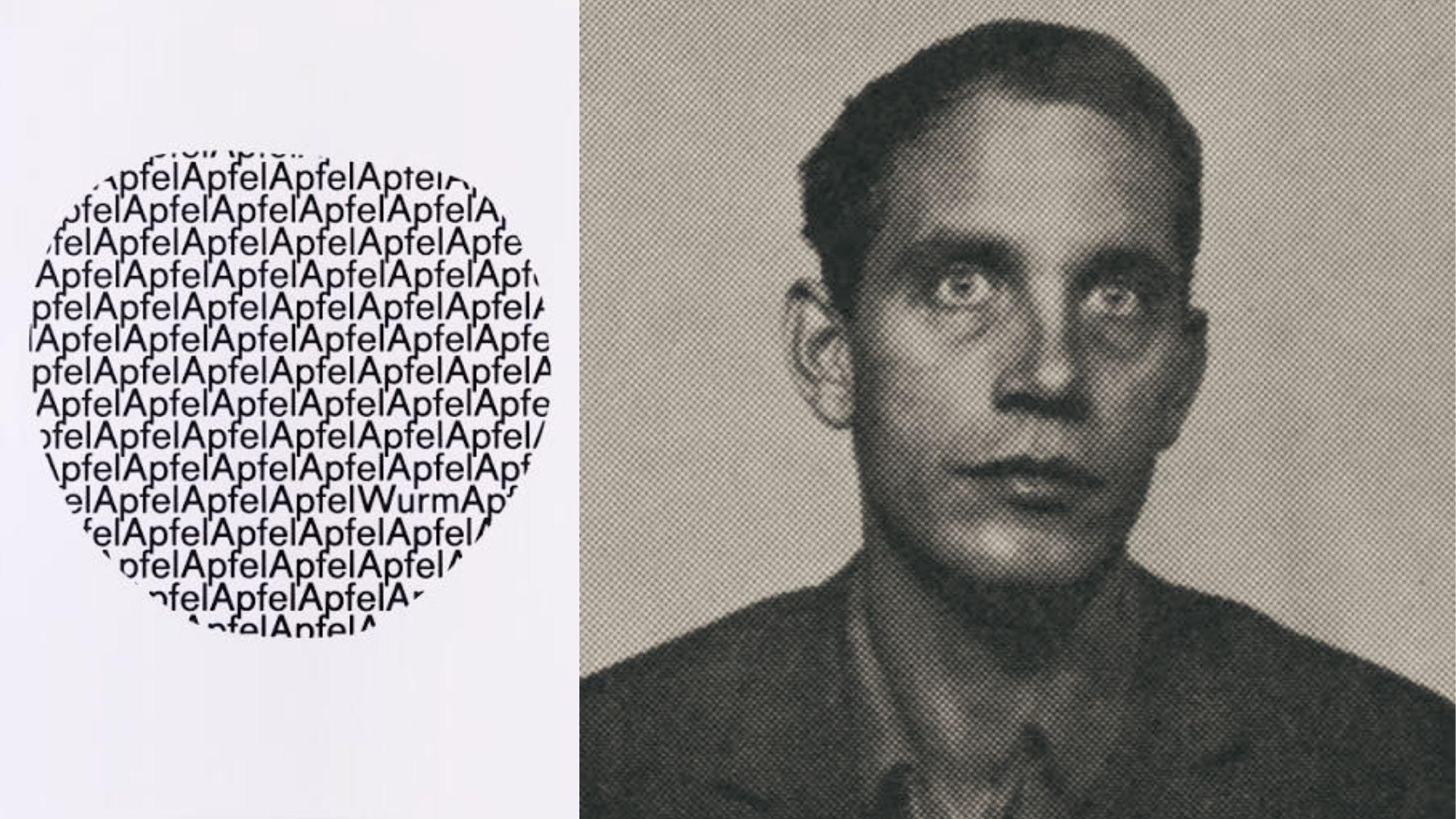 Reinhard Döhl's "Apfel" concrete poem with repeated text forming apple shape by portrait.