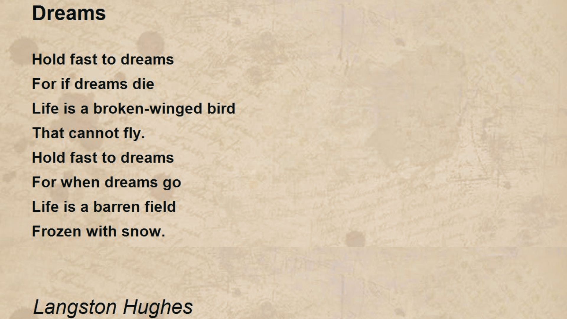 Langston Hughes’ poem “Dreams” displayed in black text on a textured parchment background.