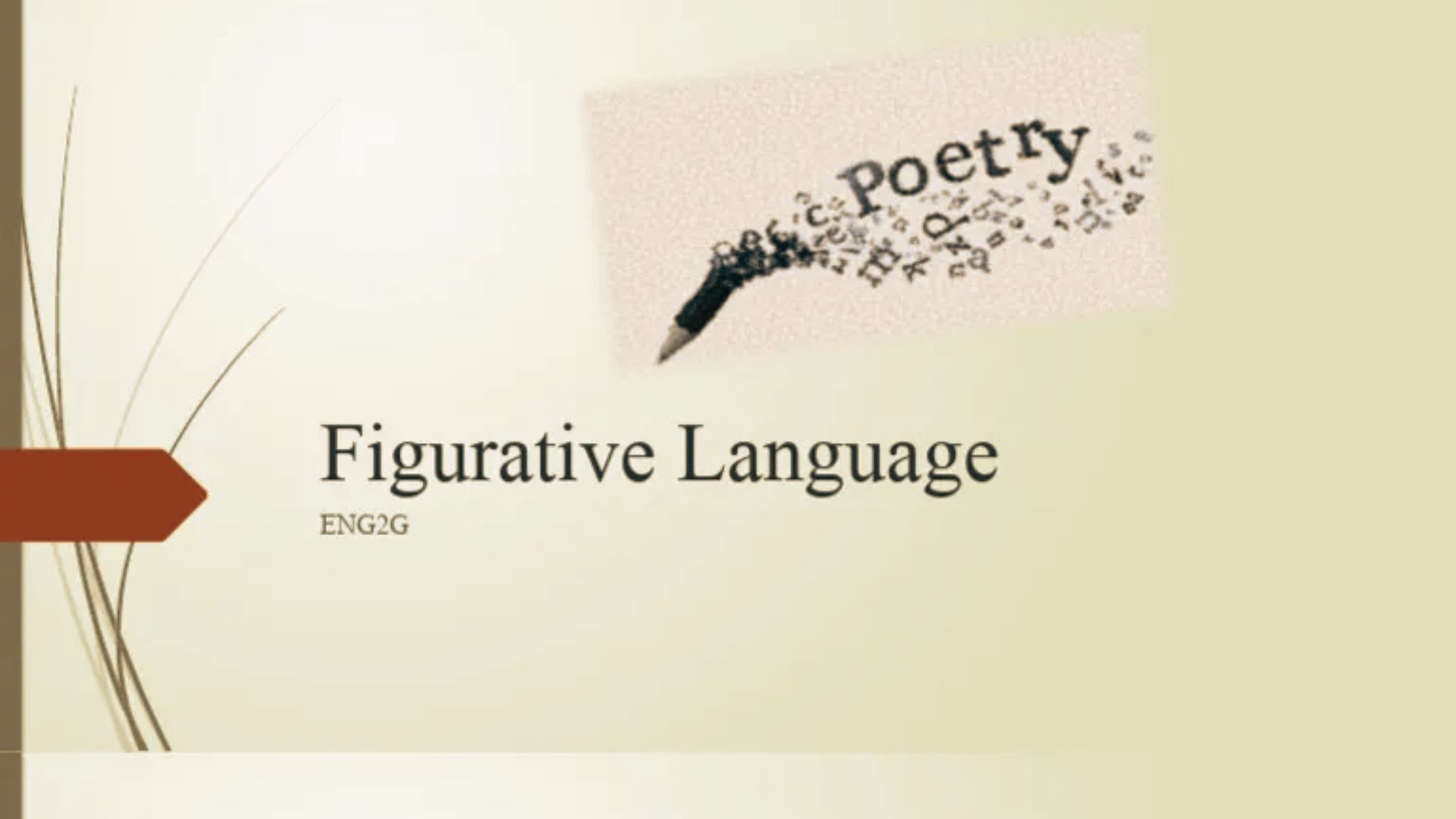 Beige presentation slide titled “Figurative Language” with a graphic of a pencil tip dispersing into the word “Poetry.”