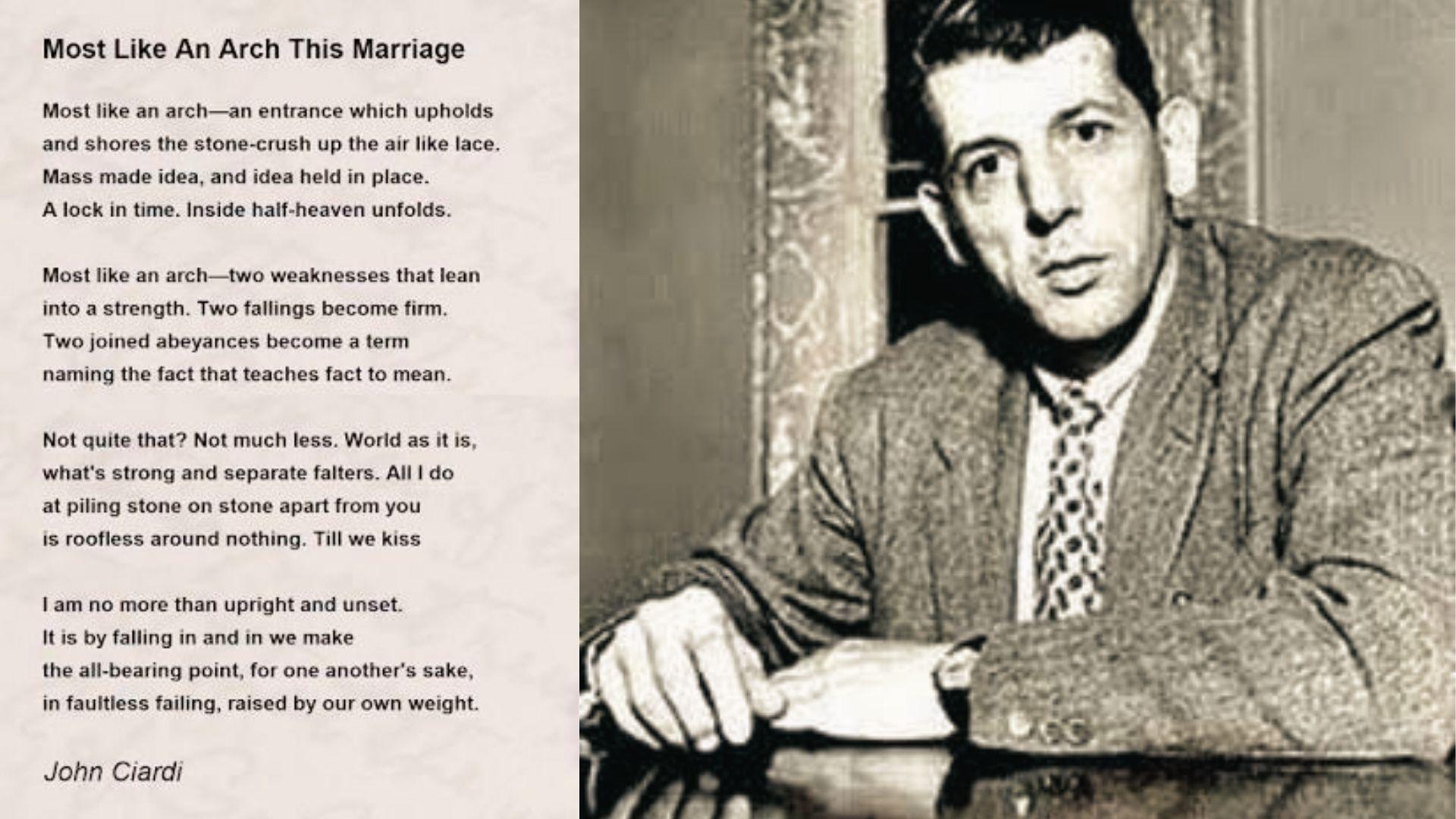 John Ciardi portrait in suit and tie beside his quatrain poem 'Most Like An Arch'.