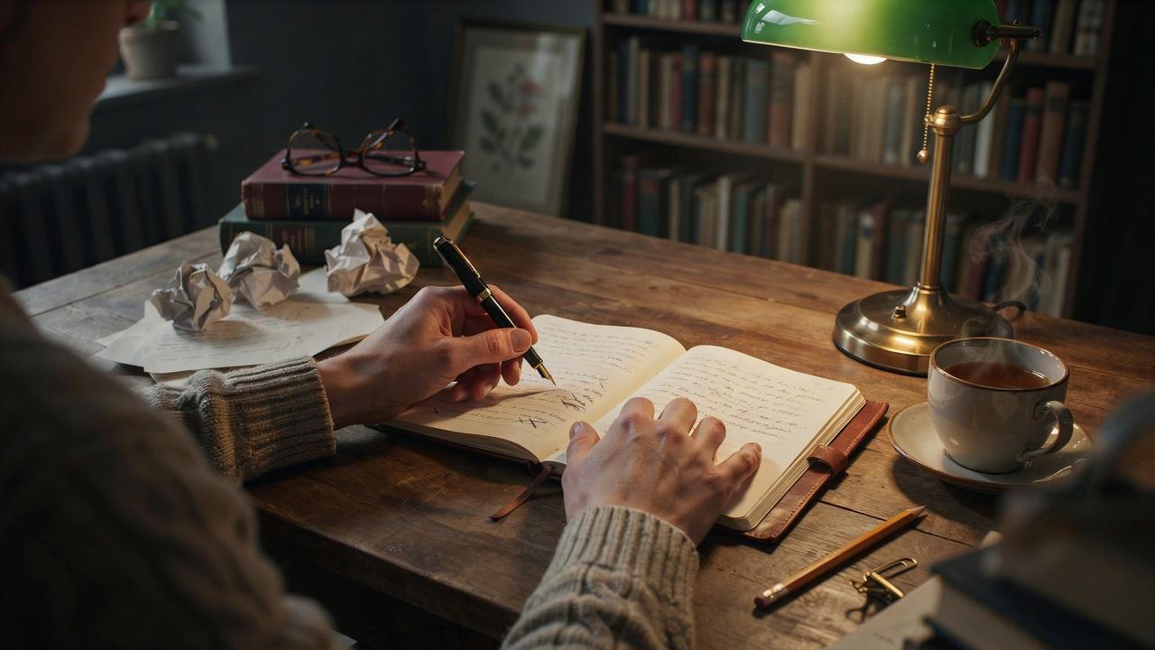 Writer drafting a sonnet in a notebook at a desk.