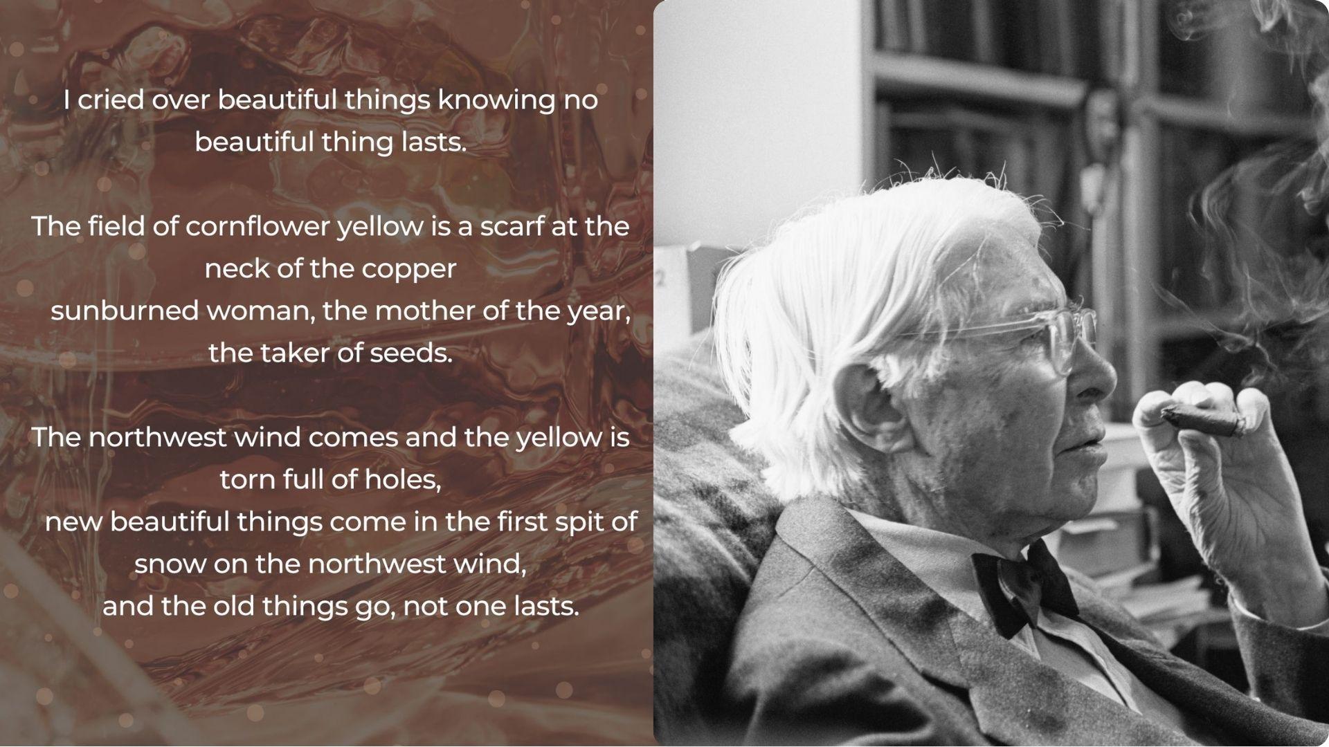Split view of Autumn Movement poem text and author Carl Sandburg photograph.