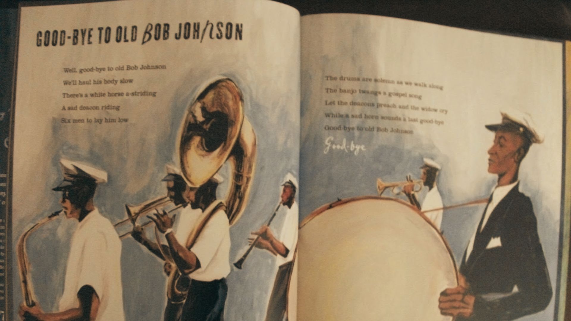 Open book shows the poem "GOOD-BYE TO OLD BOB JOHNSON" with illustrated musicians playing saxophone, trombone, trumpet, and drums in a funeral procession.