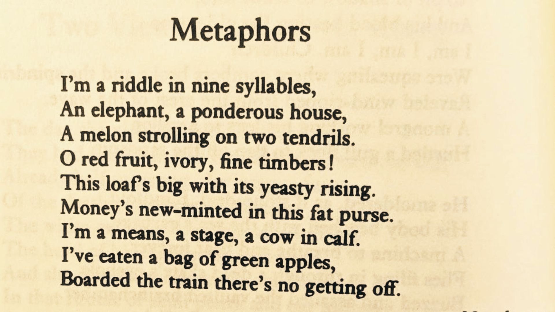 Aged-paper slide titled “Metaphors” featuring the poem with lines “I’m a riddle in nine syllables” and “An elephant, a ponderous house”.