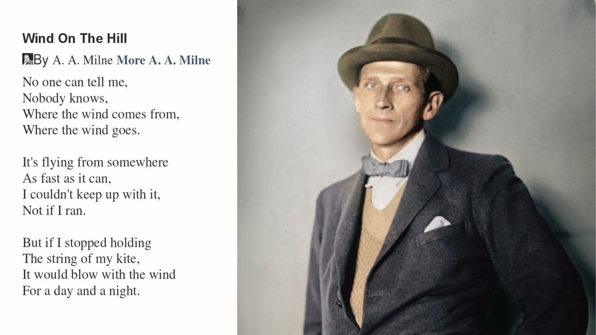 Colorized A.A. Milne portrait in hat beside his 'Wind On The Hill' quatrain poem about wind and kites.