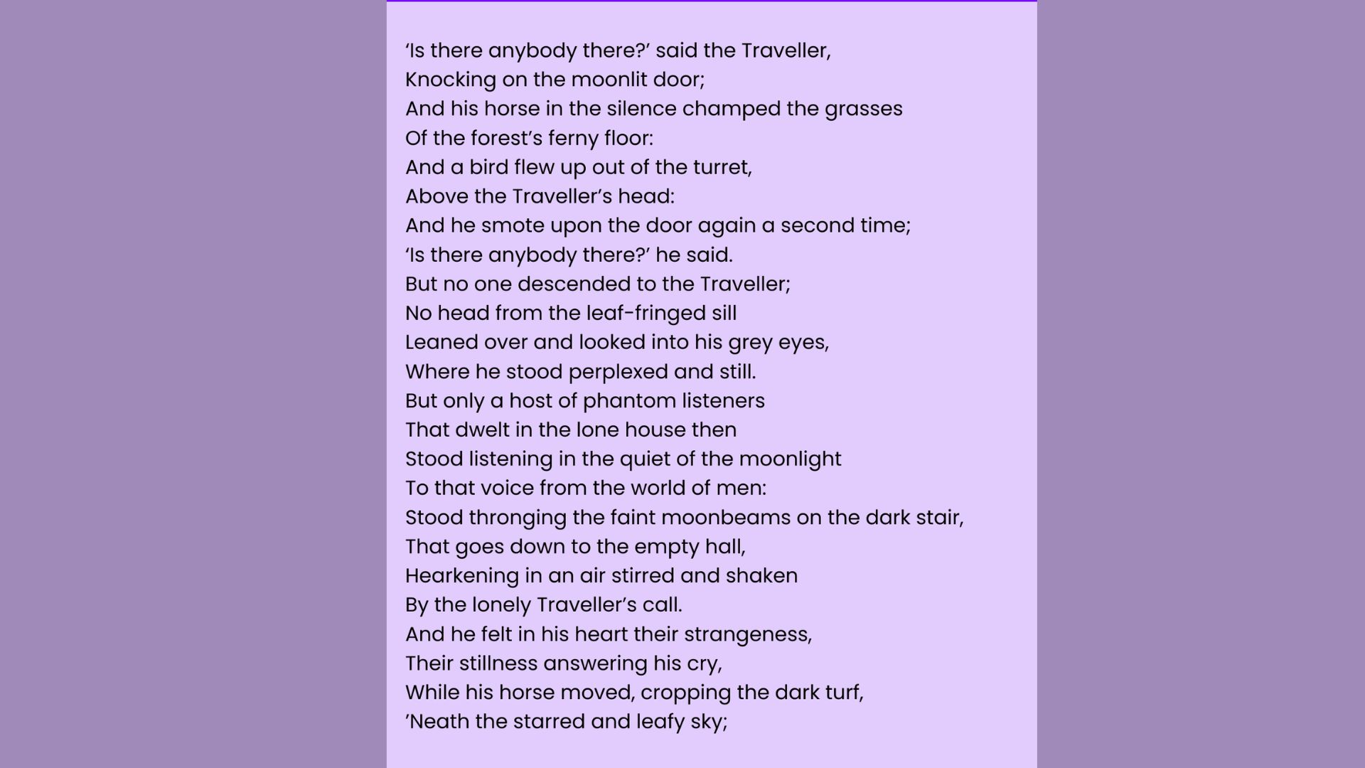 Stanzas from Walter de la Mare’sThe Listenerson purple background.
