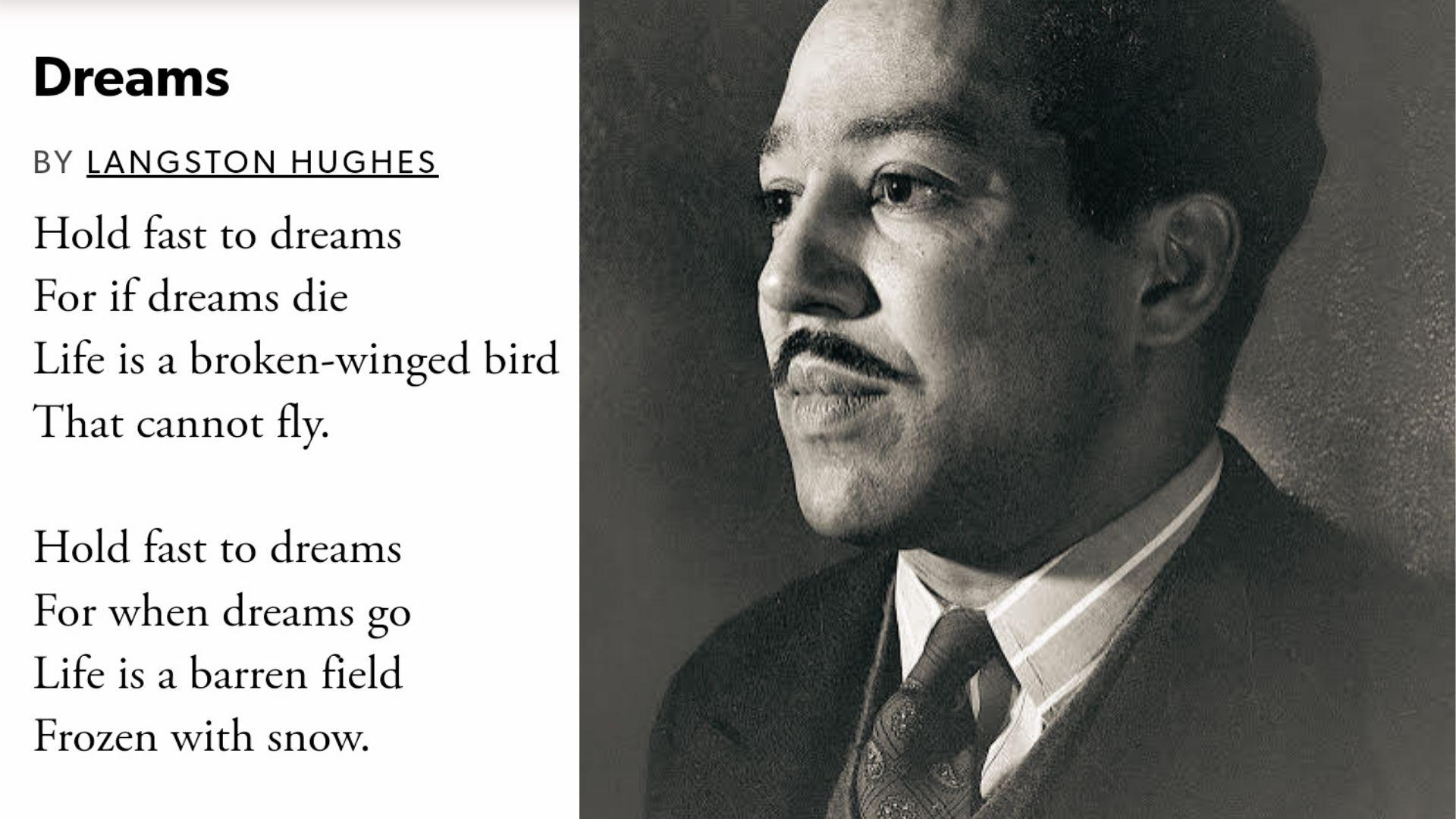 Langston Hughes profile portrait beside his two-quatrain poem 'Dreams' about holding fast to dreams.
