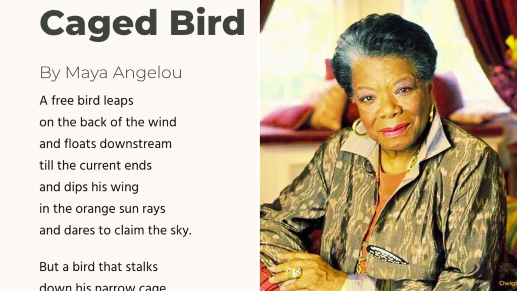 Split image showing text from "Caged Bird" by Maya Angelou on the left.