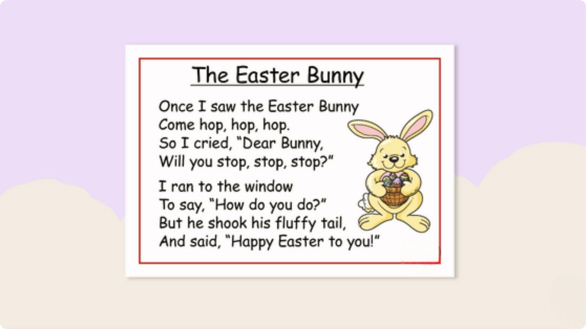 Lavender card with cartoon bunny holding eggs, next to 'The Easter Bunny' quatrain poem in red frame.