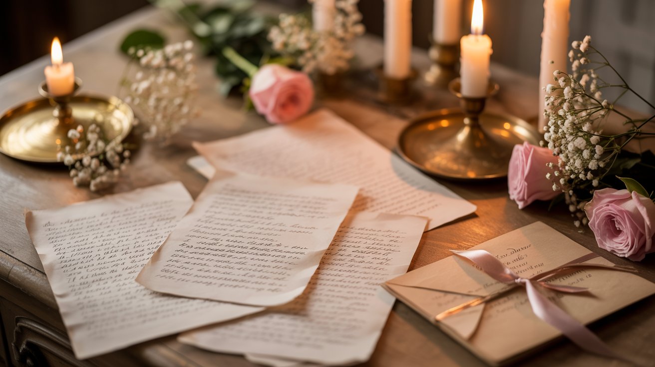 Romantic aesthetic featuring handwritten poetry pages candles flowers soft lighting intimate love atmosphere feeling connection