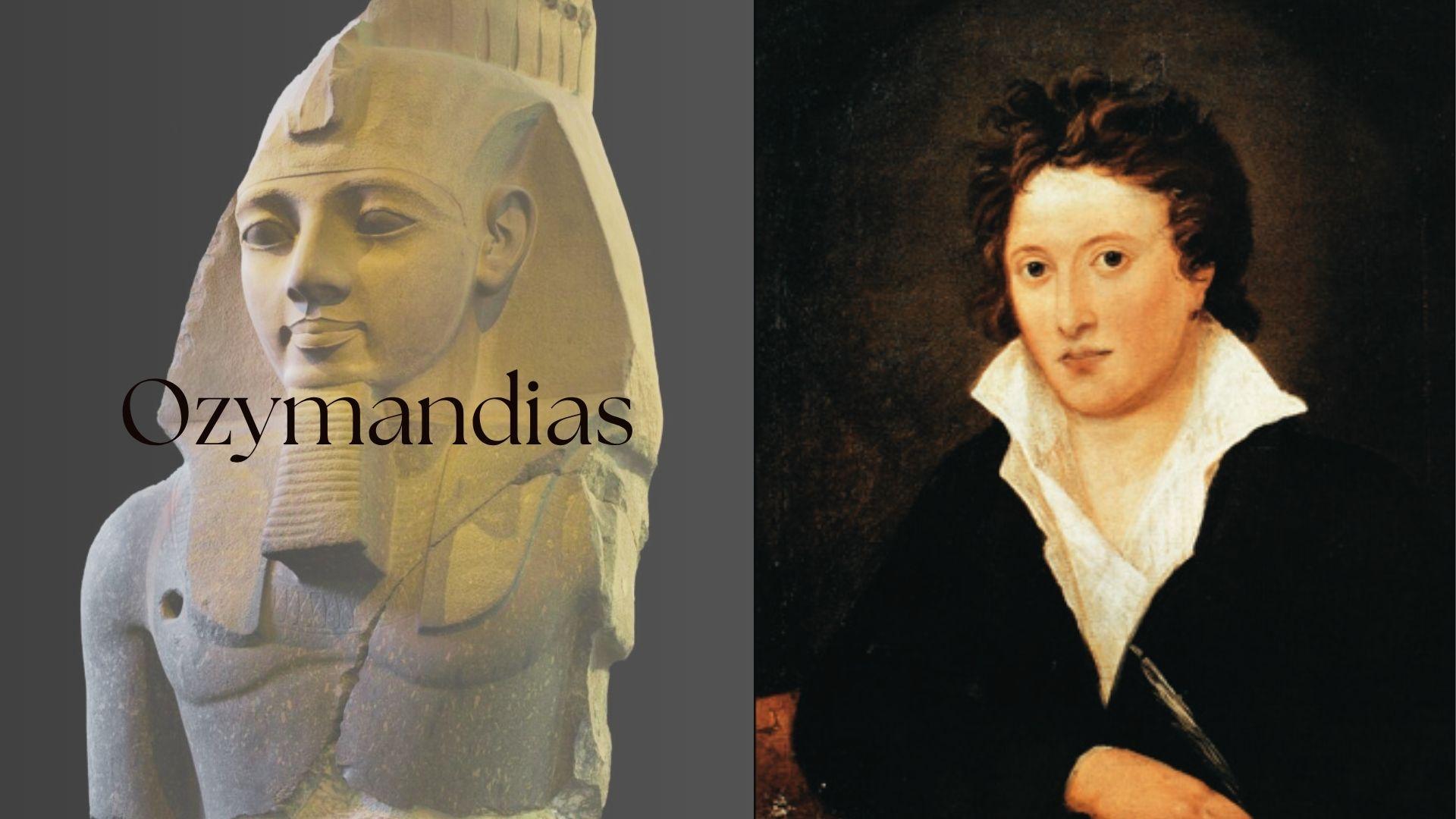 An ancient Egyptian pharaoh statue beside a Romantic-era poet's portrait and poem title "Ozymandias."