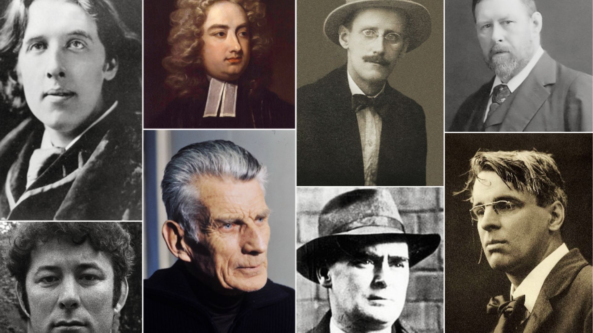 Collage of eight famous Irish poets and writers, mix of black-and-white and color historical portraits