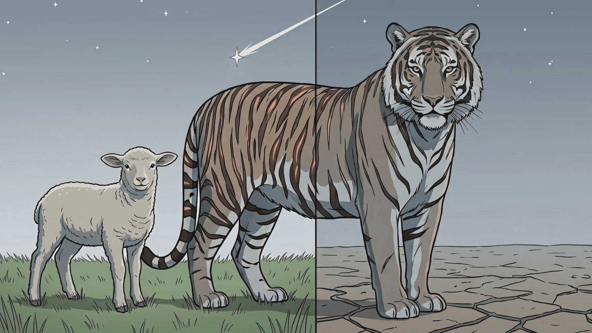 Illustrated split-scene contrasting a gentle lamb on grass and a fierce tiger on cracked earth