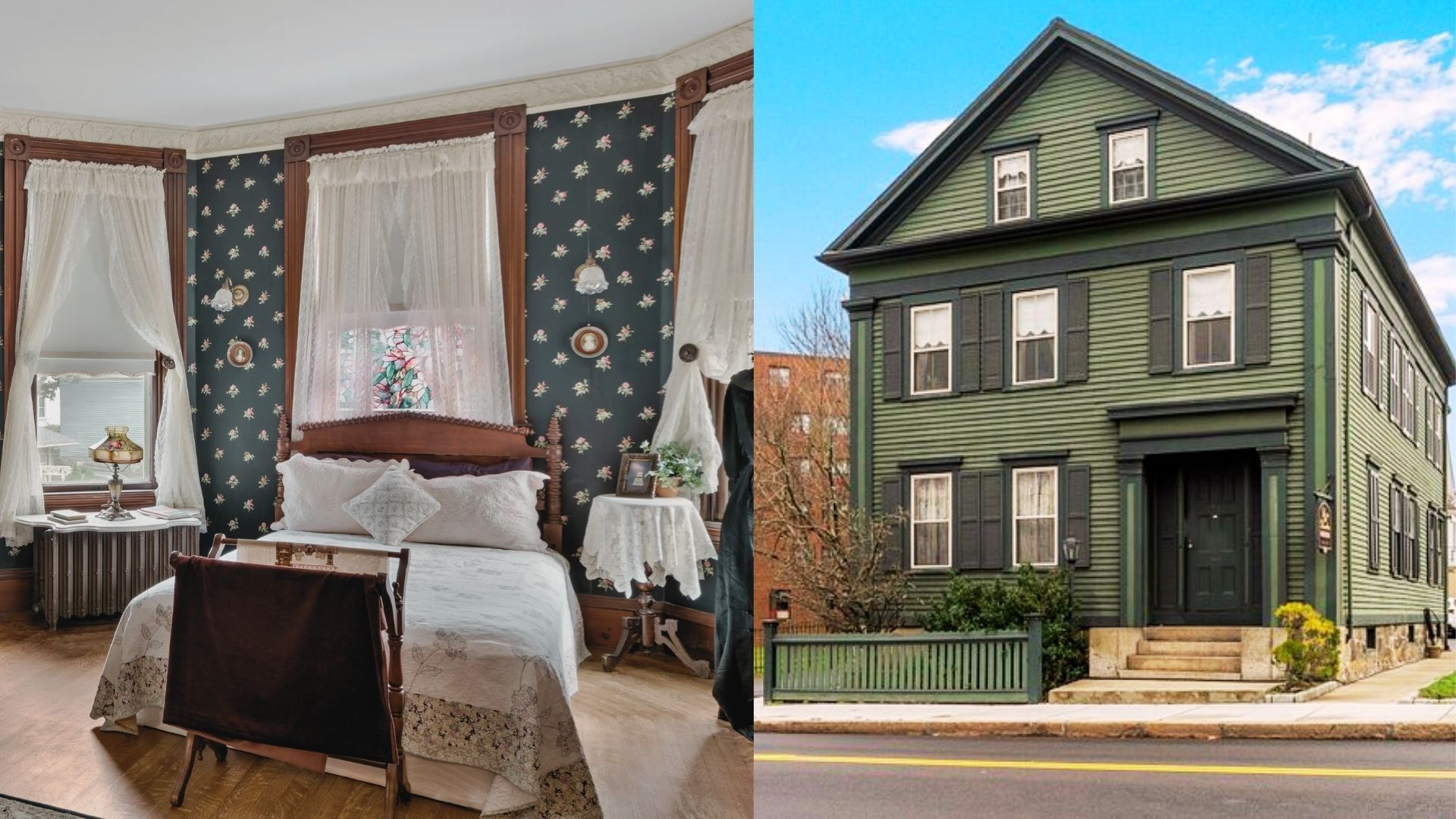 Lizzie Borden House with her bedroom photo in a vertically divided frame