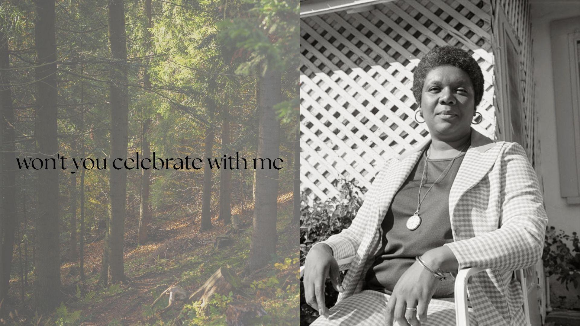 A misty forest landscape beside a black-and-white portrait of a female poet and celebratory poem title