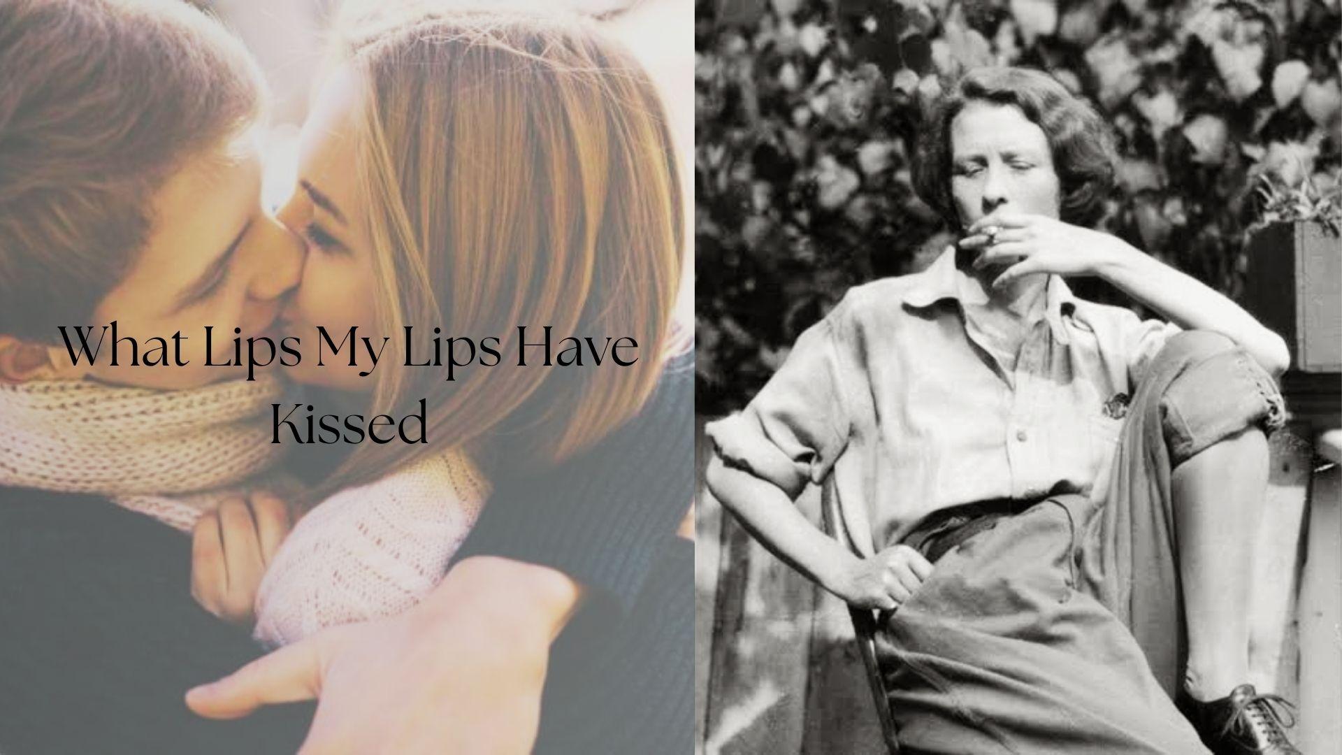 A romantic couple embracing closely beside a black-and-white female poet's portrait and poem title