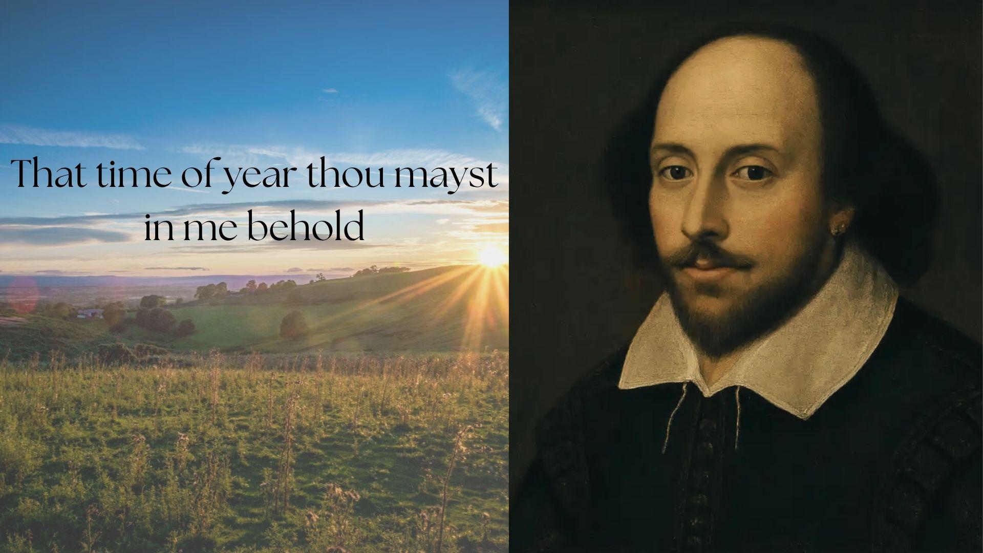 A sunset landscape with Shakespeare's portrait beside an ageing-themed poetic verse.