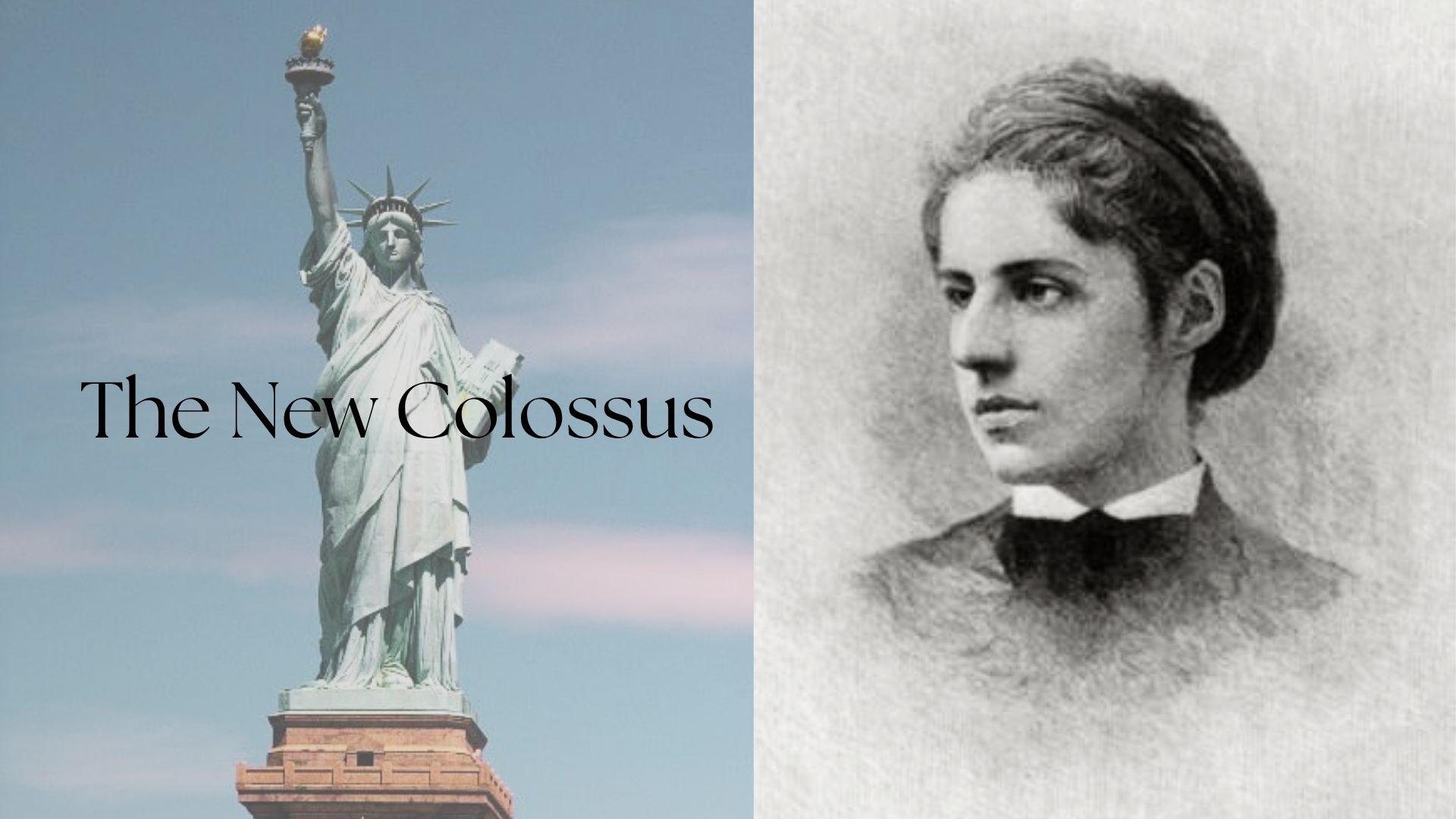 The Statue of Liberty against a blue sky beside a 19th-century female poet's portrait and poem title