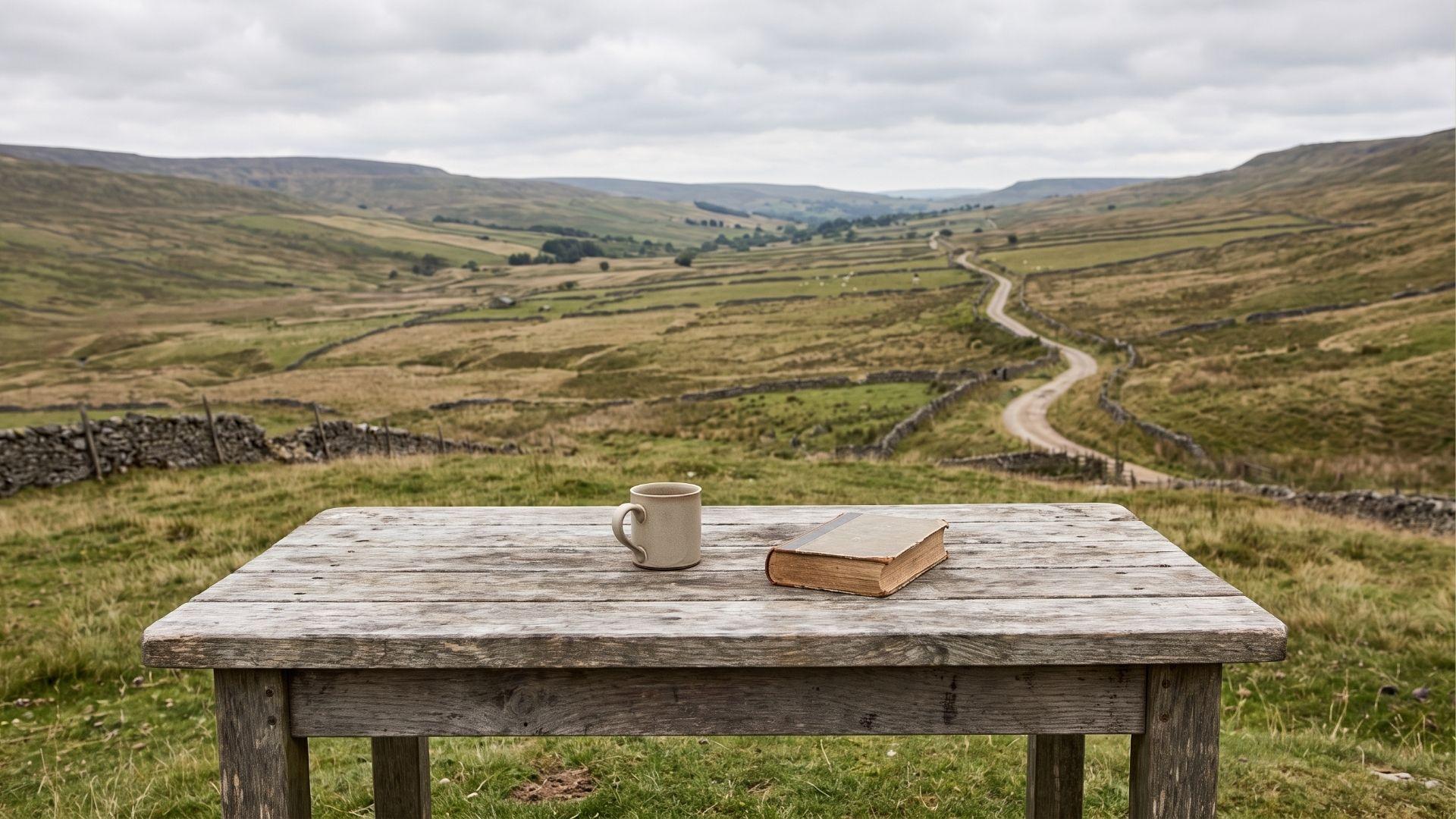 Simple table beside an open landscape in a quiet outdoor setting