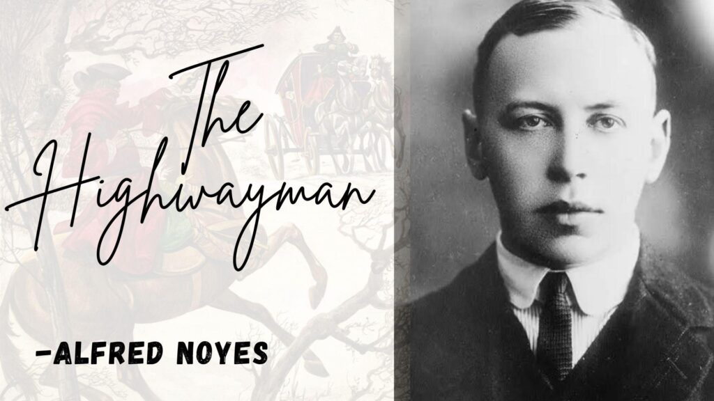 Split image left, vintage highwayman on horseback illustration with text, right, black-and-white portrait of man in suit and tie.